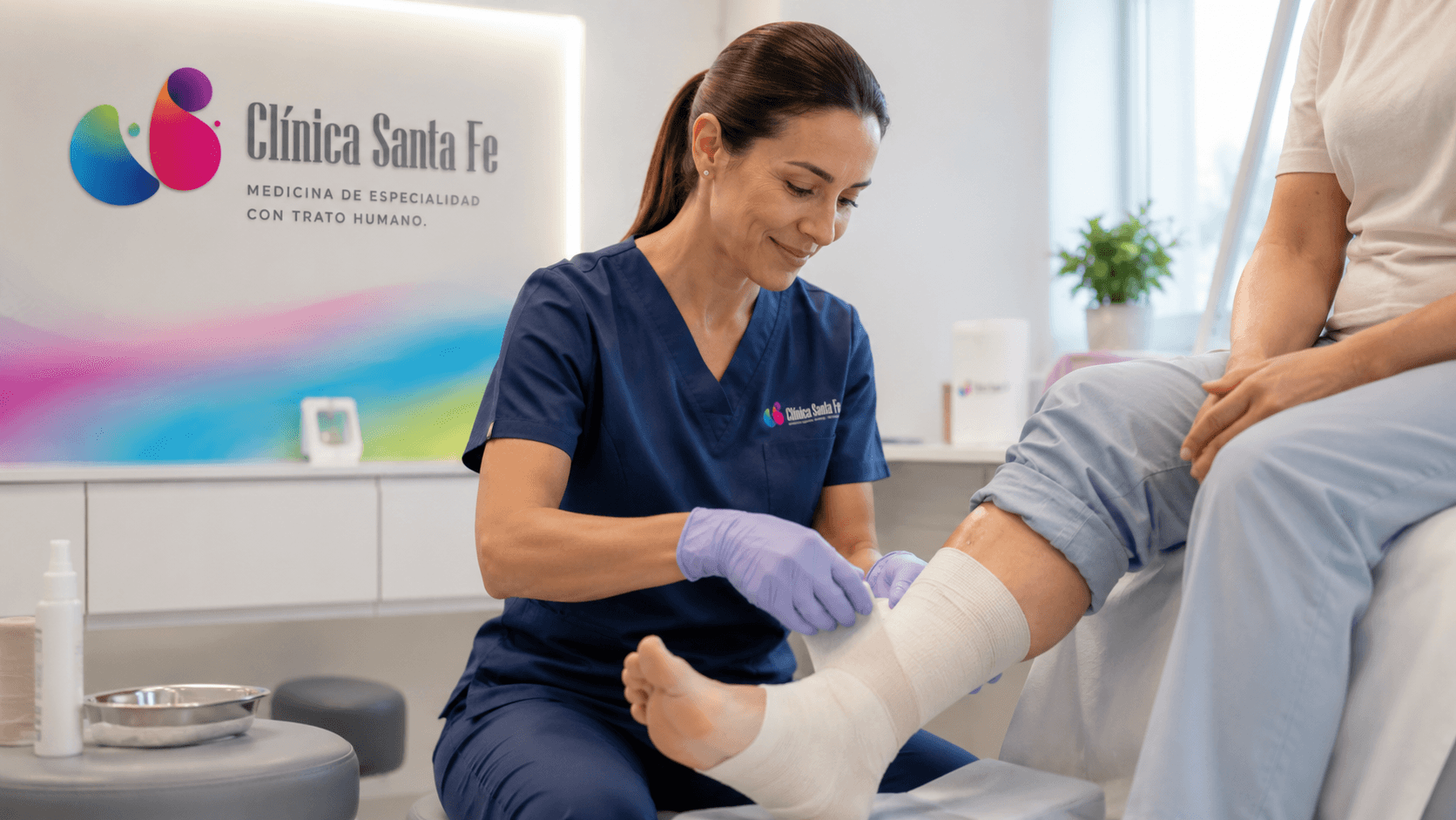 Personal médico de Santa Fe realizando curación de una herida en consultorio