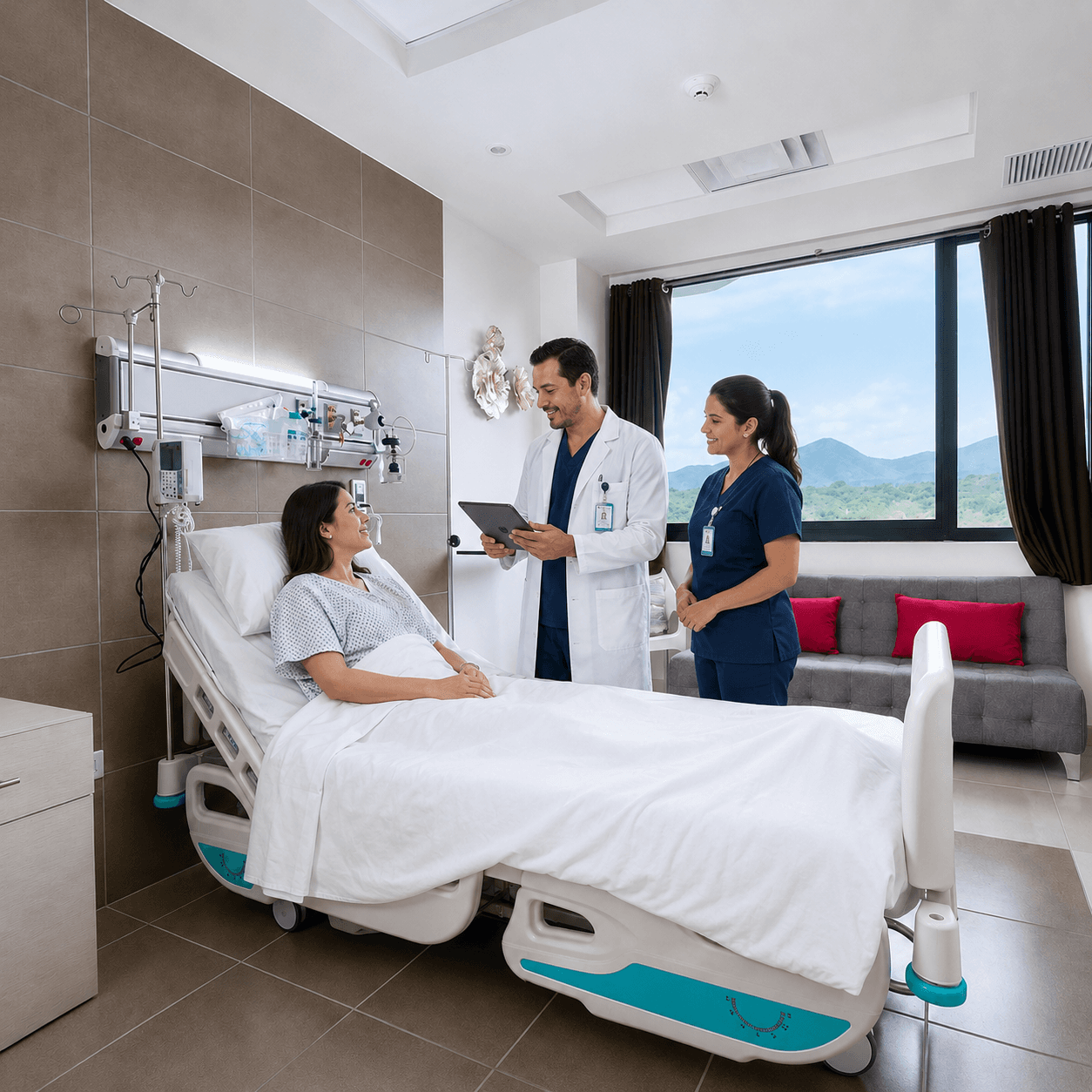 Equipo médico orientando a una paciente en habitación