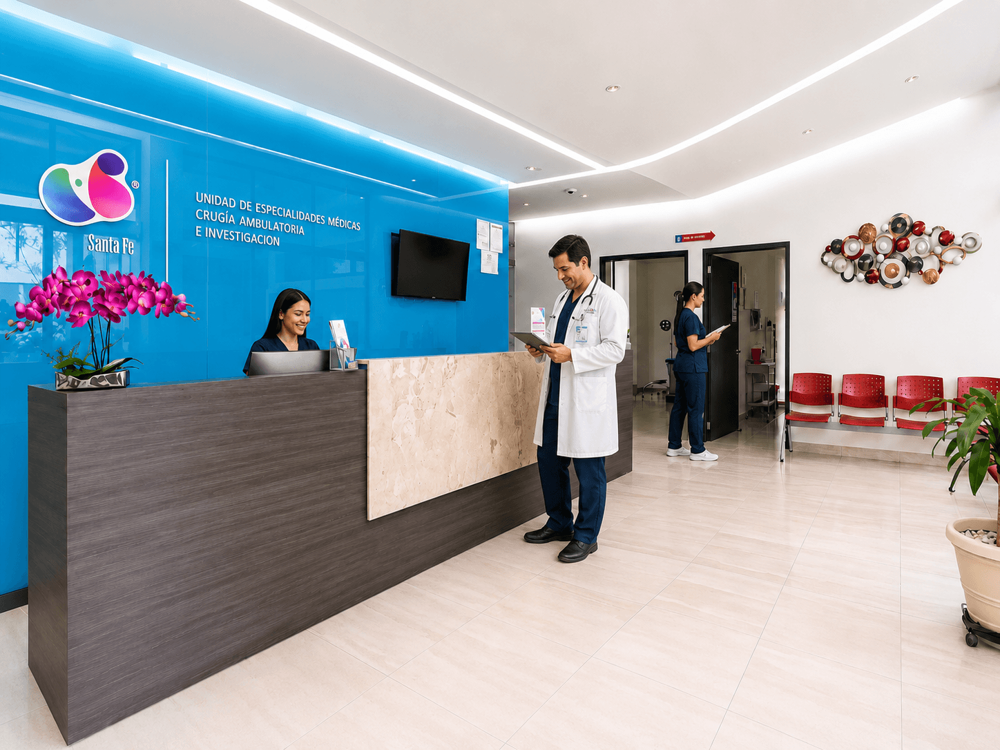 Recepción de Clínica Santa Fe con personal médico